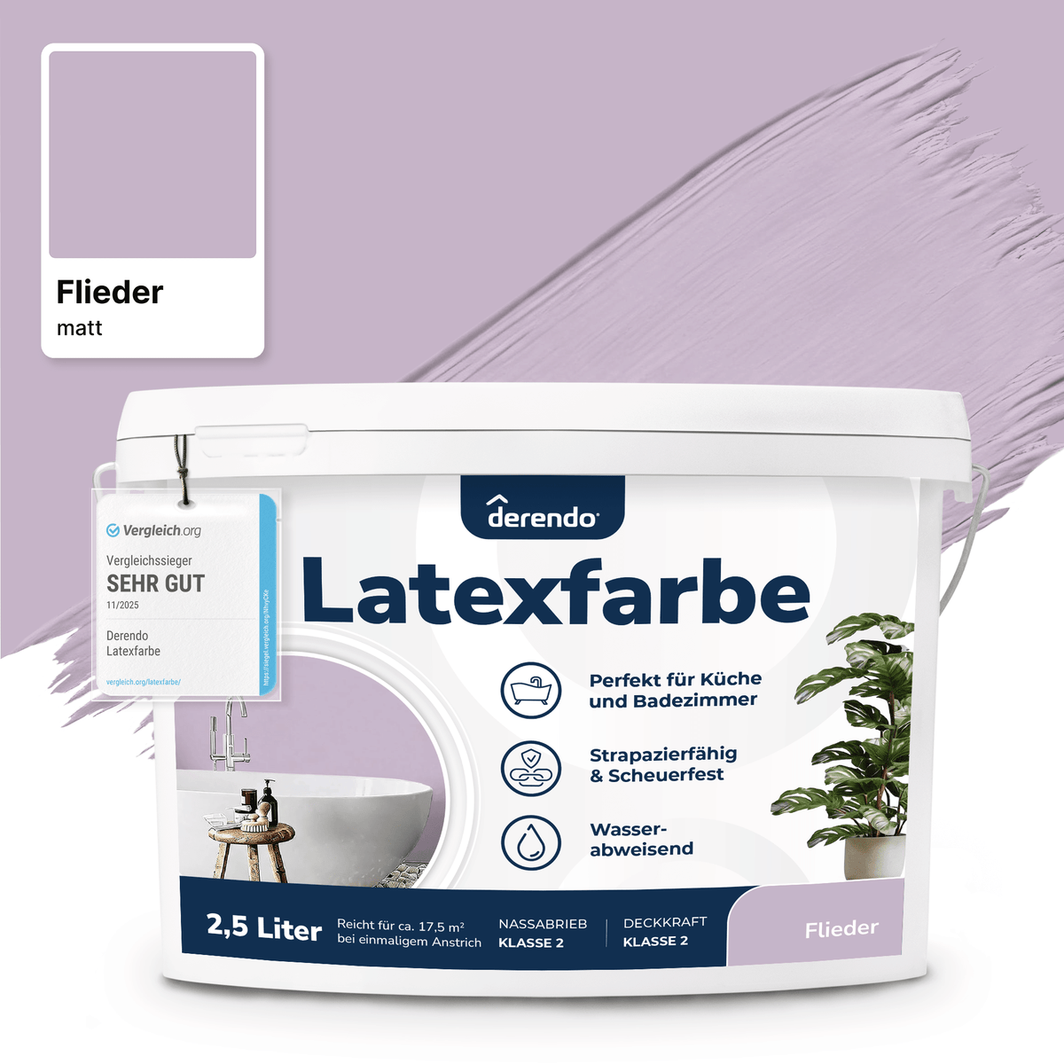 Derendo Wandfarbe Latexfarbe Flieder Matt abwaschbar in 2.5 Liter – Produktbild von Derendo