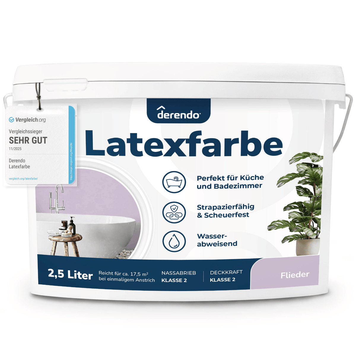 Derendo Wandfarbe Latexfarbe Flieder Matt abwaschbar in 2.5 Liter – Produktbild von Derendo