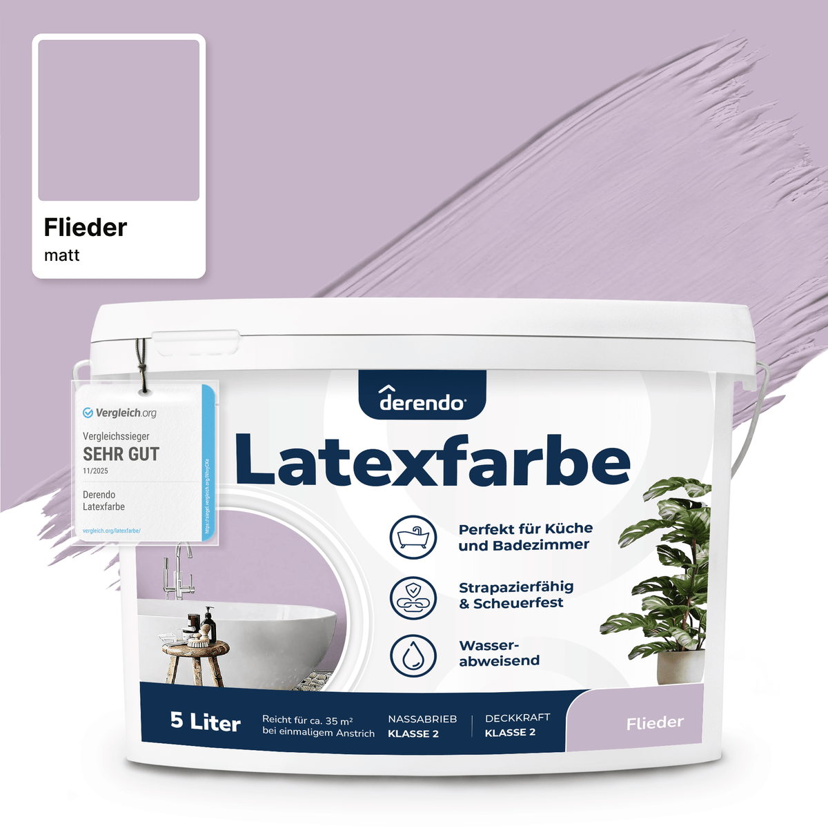 Derendo Wandfarbe Latexfarbe Flieder Matt abwaschbar in 5 Liter – Produktbild von Derendo
