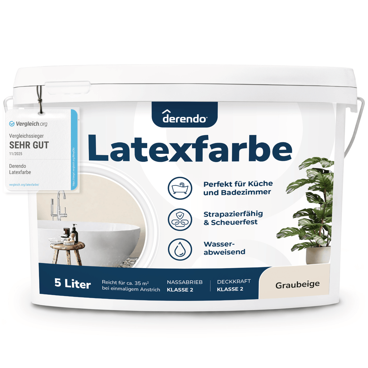 Derendo Wandfarbe Latexfarbe Graubeige Matt abwaschbar in 5 Liter – Produktbild von Derendo