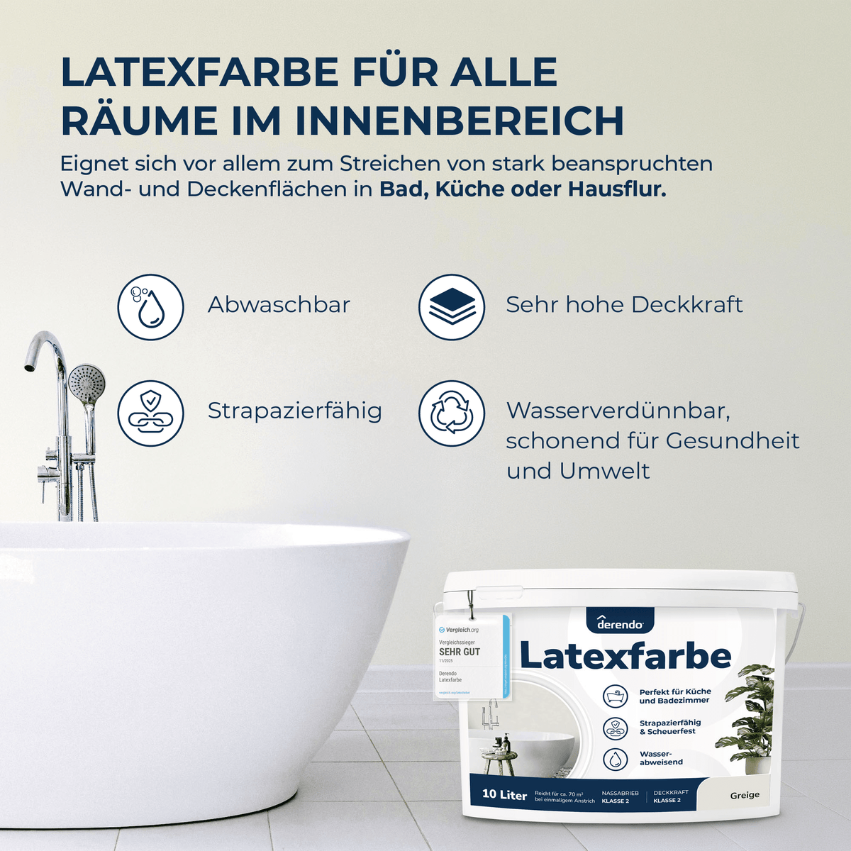 Derendo Wandfarbe Latexfarbe Greige Matt abwaschbar in 10 Liter – Produktbild von Derendo
