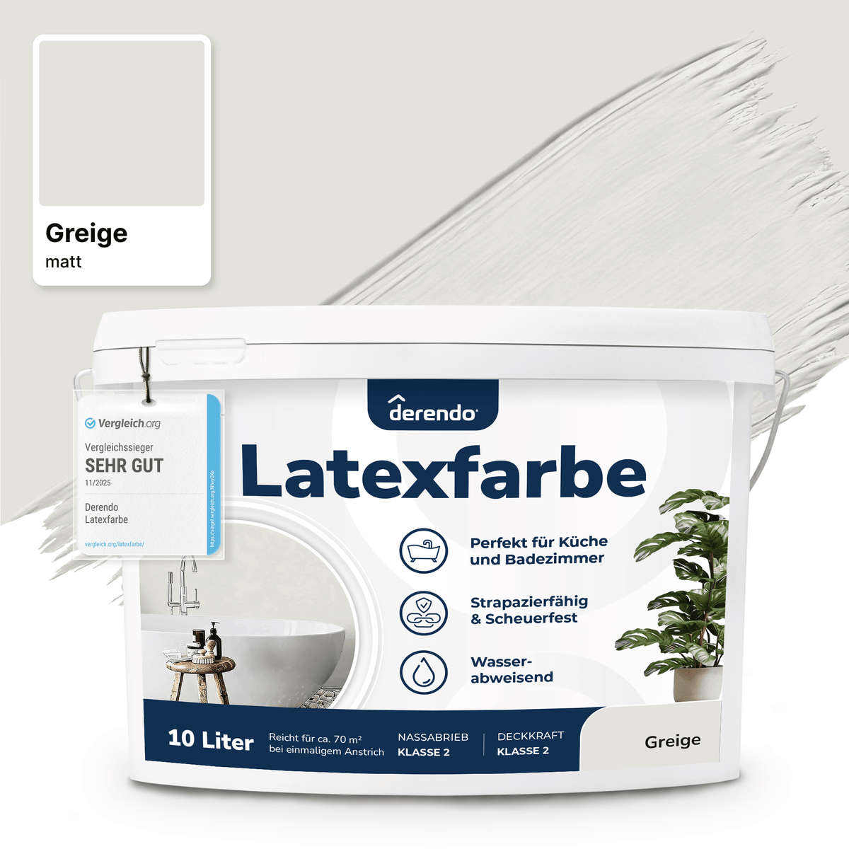 Derendo Wandfarbe Latexfarbe Greige Matt abwaschbar in 10 Liter – Produktbild von Derendo