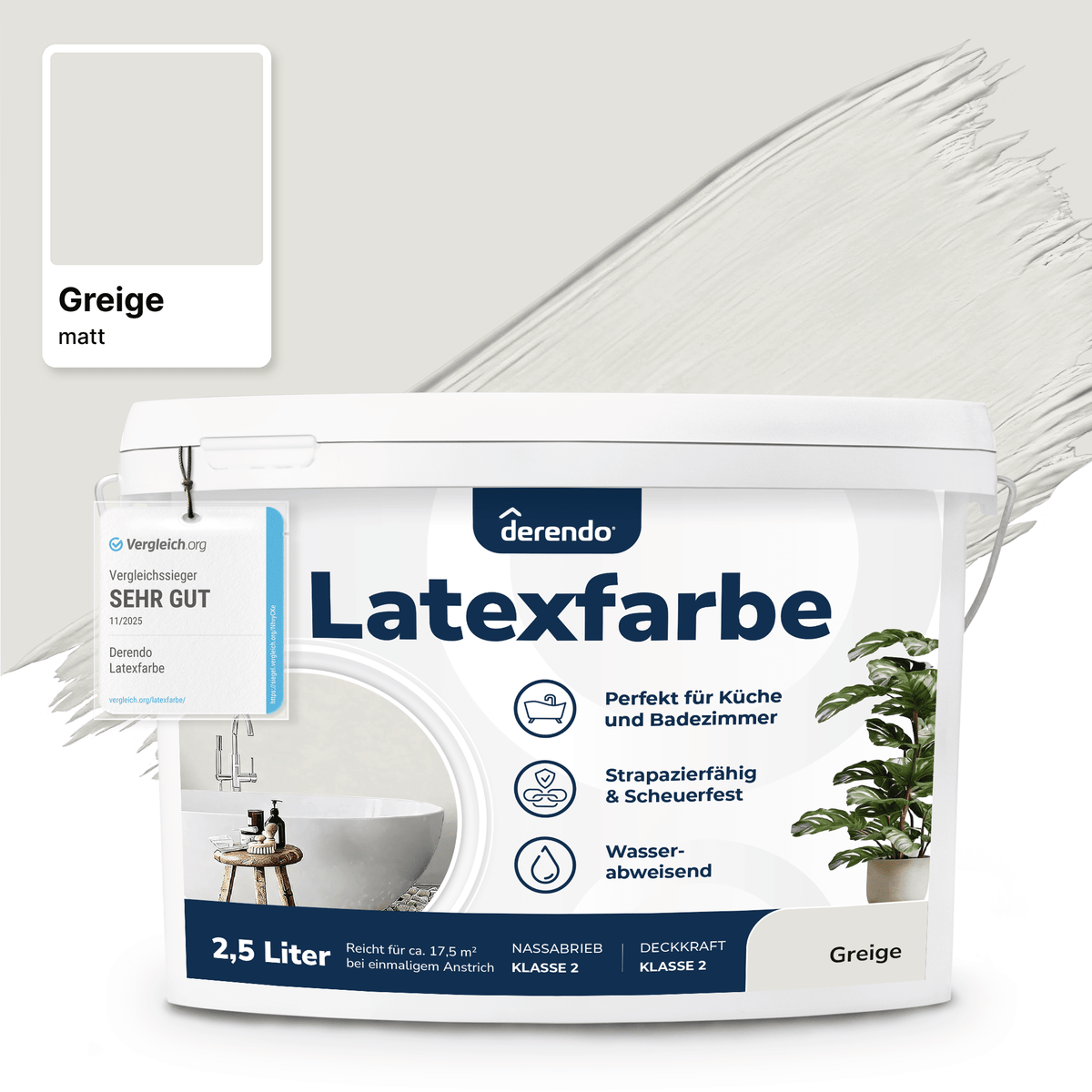 Derendo Wandfarbe Latexfarbe Greige Matt abwaschbar in 2.5 Liter – Produktbild von Derendo