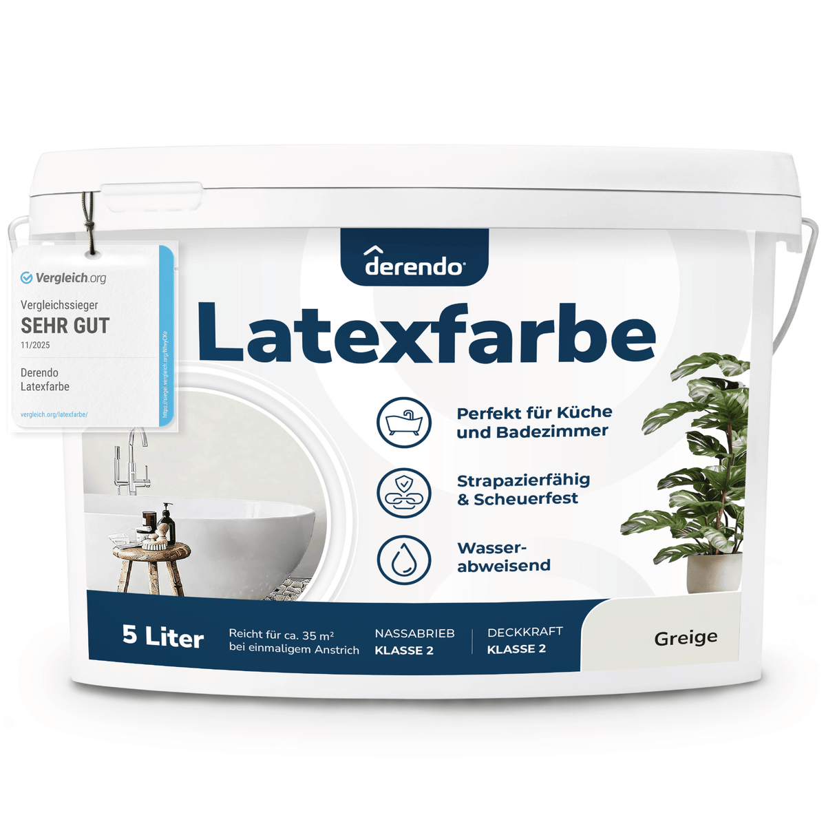 Derendo Wandfarbe Latexfarbe Greige Matt abwaschbar in 5 Liter – Produktbild von Derendo