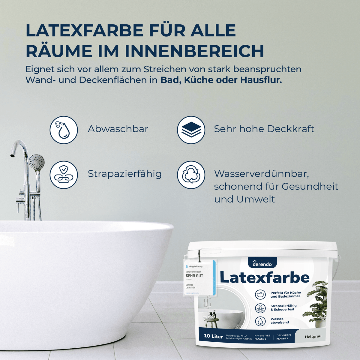 Derendo Wandfarbe Latexfarbe Hellgrau Matt abwaschbar in 10 Liter – Produktbild von Derendo