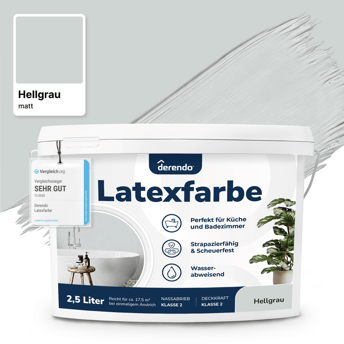 Derendo Wandfarbe Latexfarbe Hellgrau Matt abwaschbar in 2.5 Liter – Produktbild von Derendo