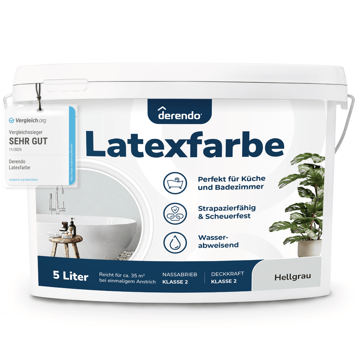 Derendo Wandfarbe Latexfarbe Hellgrau Matt abwaschbar in 5 Liter – Produktbild von Derendo