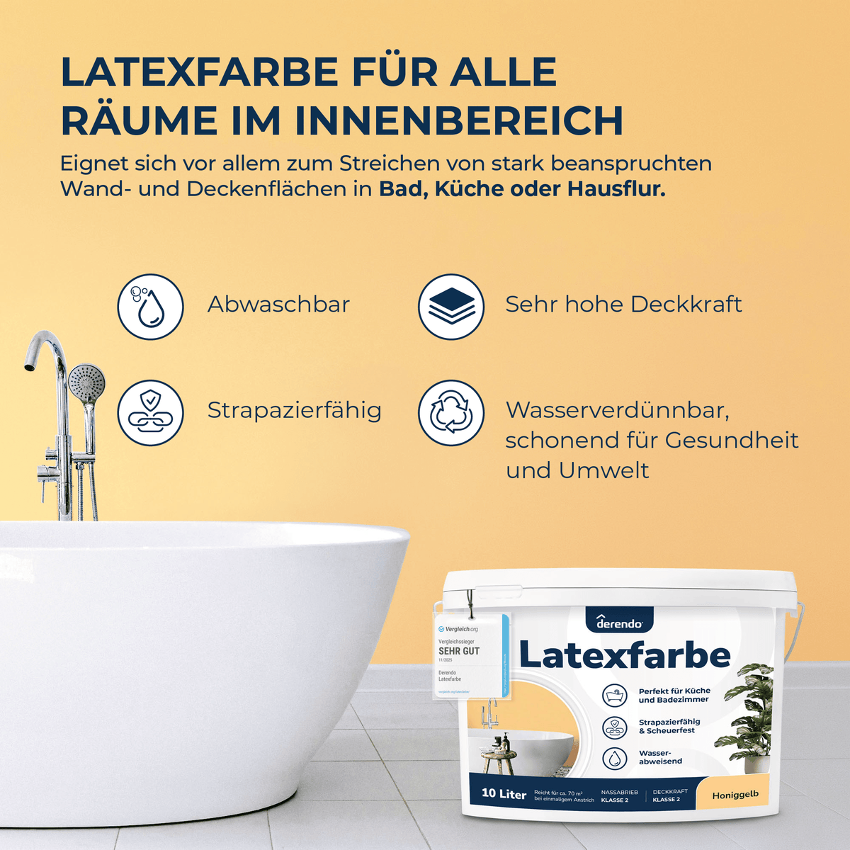Derendo Wandfarbe Latexfarbe Honiggelb Matt abwaschbar in 10 Liter – Produktbild von Derendo