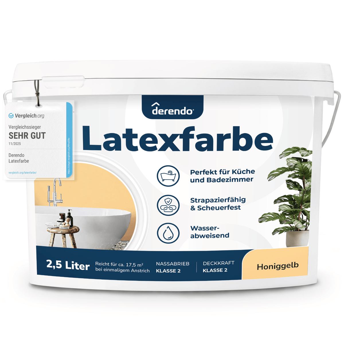Derendo Wandfarbe Latexfarbe Honiggelb Matt abwaschbar in 2.5 Liter – Produktbild von Derendo
