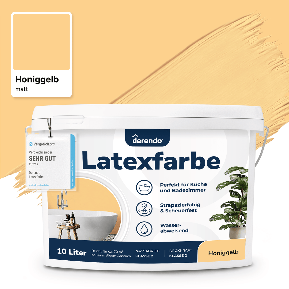Derendo Wandfarbe Latexfarbe Honiggelb Matt abwaschbar in 2.5 Liter – Produktbild von Derendo