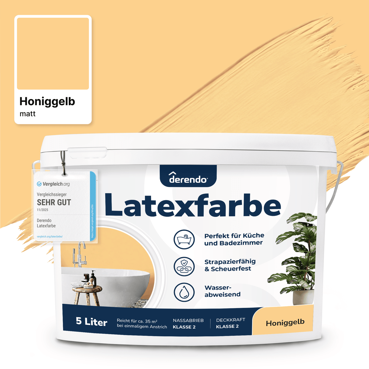 Derendo Wandfarbe Latexfarbe Honiggelb Matt abwaschbar in 5 Liter – Produktbild von Derendo