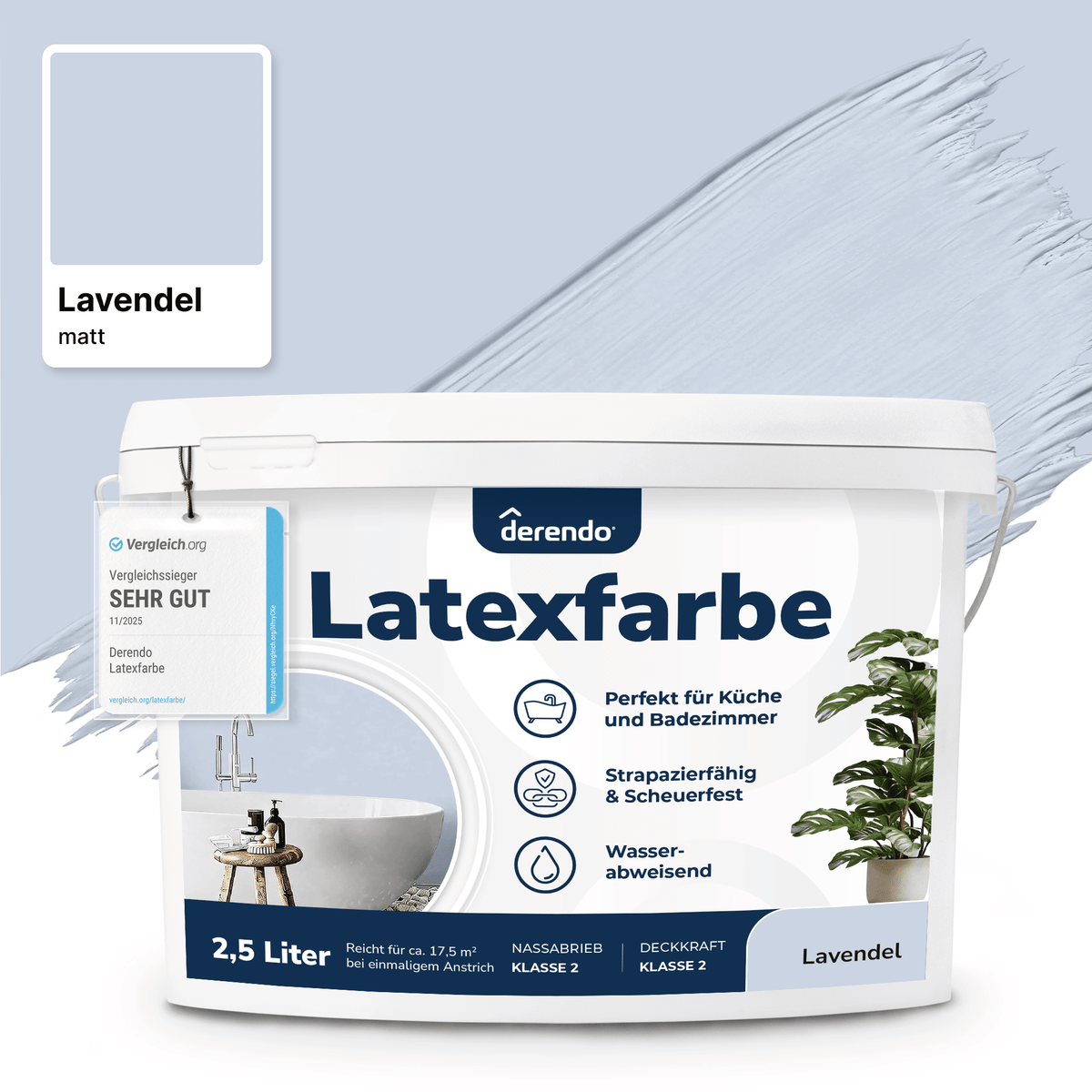 Derendo Wandfarbe Latexfarbe Lavendel Matt abwaschbar in 2.5 Liter – Produktbild von Derendo