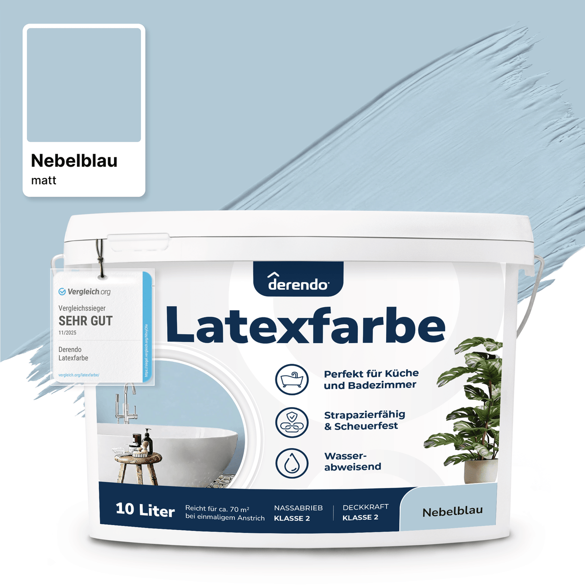 Derendo Wandfarbe Latexfarbe Nebelblau Matt abwaschbar in 2.5 Liter – Produktbild von Derendo