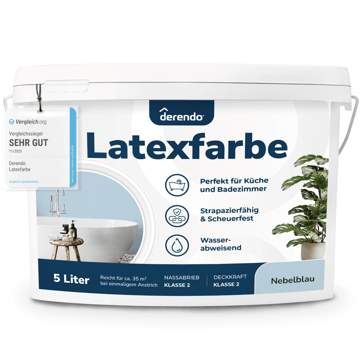 Derendo Wandfarbe Latexfarbe Nebelblau Matt abwaschbar in 5 Liter – Produktbild von Derendo