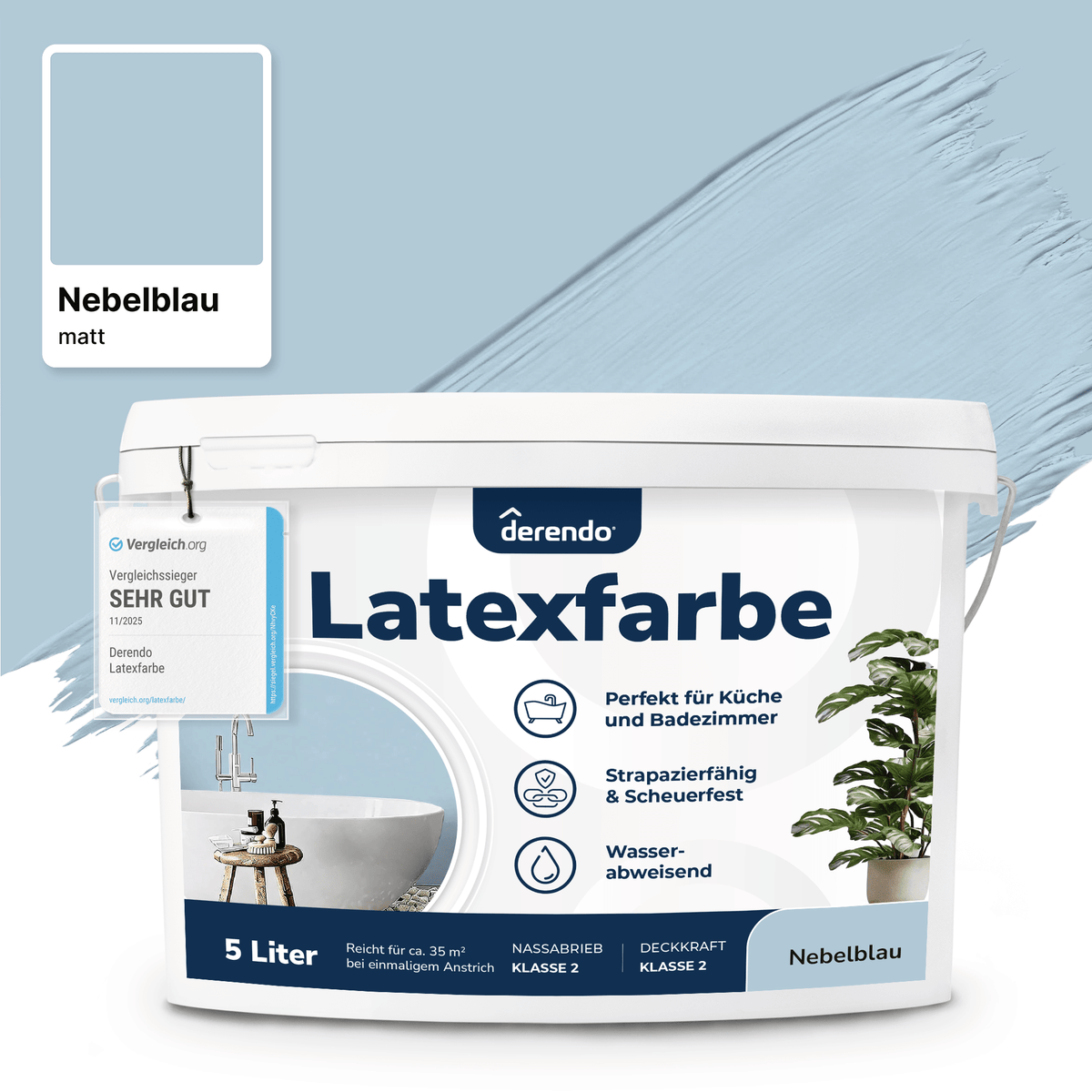 Derendo Wandfarbe Latexfarbe Nebelblau Matt abwaschbar in 5 Liter – Produktbild von Derendo