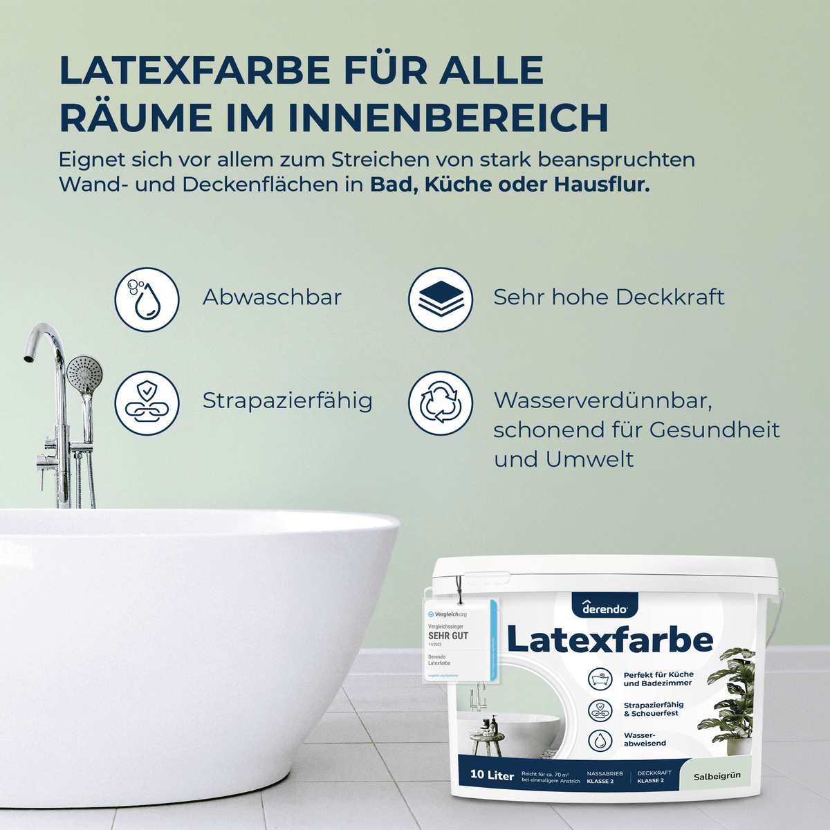 Derendo Wandfarbe Latexfarbe Salbeigrün Matt abwaschbar in 10 Liter – Produktbild von Derendo