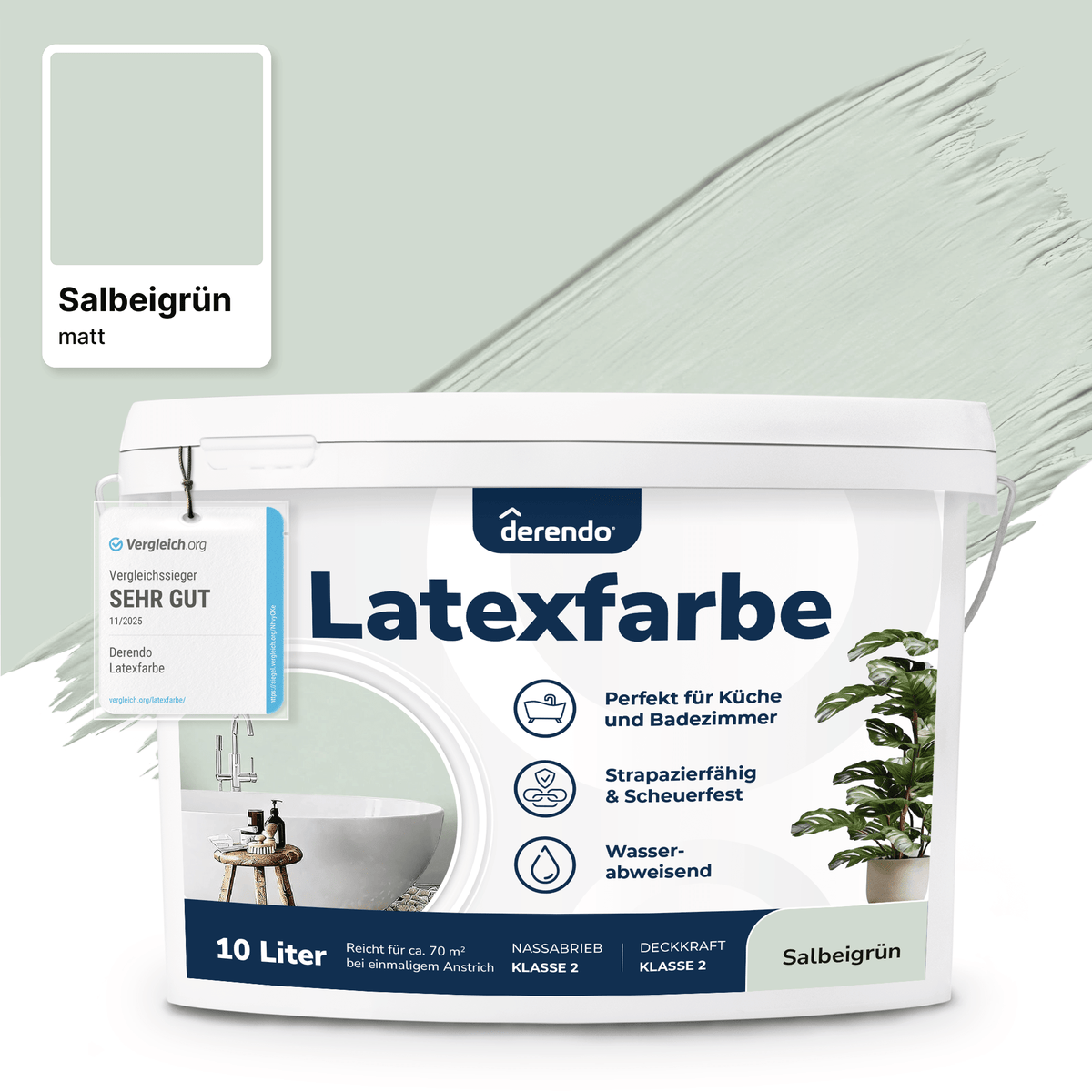 Derendo Wandfarbe Latexfarbe Salbeigrün Matt abwaschbar in 2.5 Liter – Produktbild von Derendo