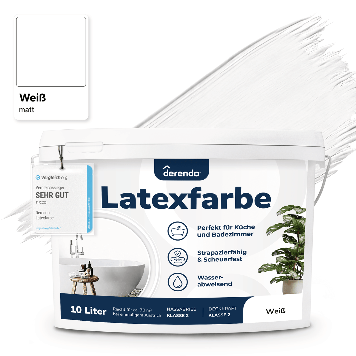 Derendo Wandfarbe Latexfarbe Weiß Matt abwaschbar in 10 Liter – Produktbild von Derendo