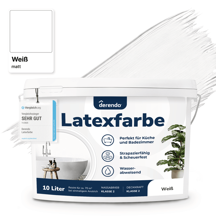 Derendo Wandfarbe Latexfarbe Weiß Matt abwaschbar in 2.5 Liter – Produktbild von Derendo