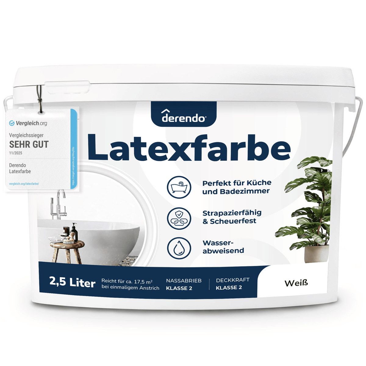Derendo Wandfarbe Latexfarbe Weiß Matt abwaschbar in 2.5 Liter – Produktbild von Derendo