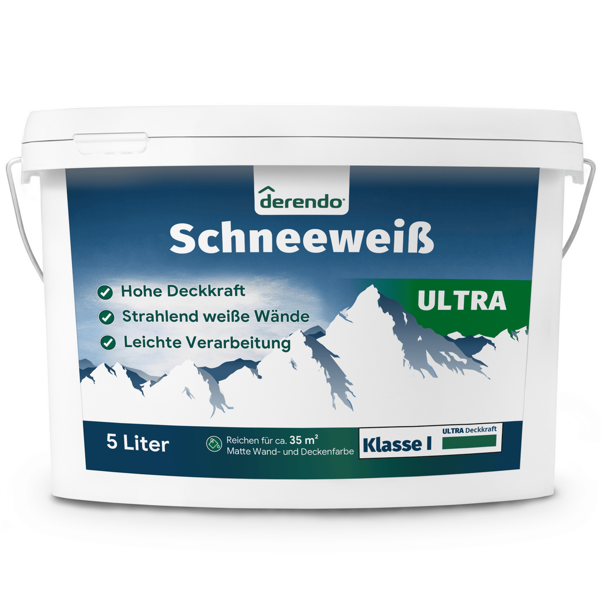 Derendo Wandfarbe Ultra Schneeweiss - mit Ultra Deckkraft in 5 Liter – Produktbild von Derendo