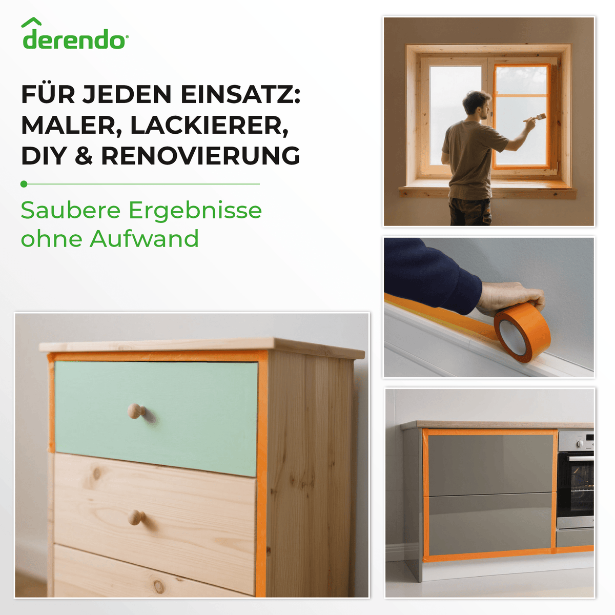 Derendo® Washi Tape Malerkrepp Premium – Goldband für scharfe Farbkanten in 30mm x 50m – Produktbild von Derendo