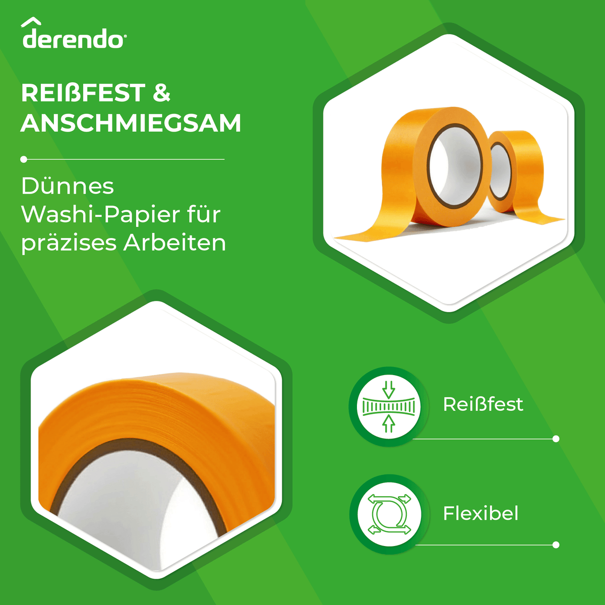 Derendo® Washi Tape Malerkrepp Premium – Goldband für scharfe Farbkanten in 30mm x 50m – Produktbild von Derendo