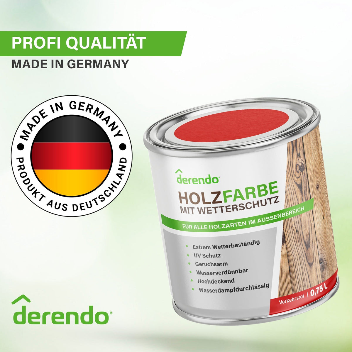 Derendo Wetterschutz Holzfarbe verkehrsrot RAL 3020 in Verkehrsrot RAL 3020 – Produktbild von Derendo