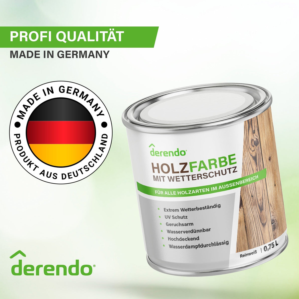 Derendo Wetterschutz Holzfarbe weiss für außen, seidenglänzend RAL 9010 in 0.75L – Produktbild von Derendo