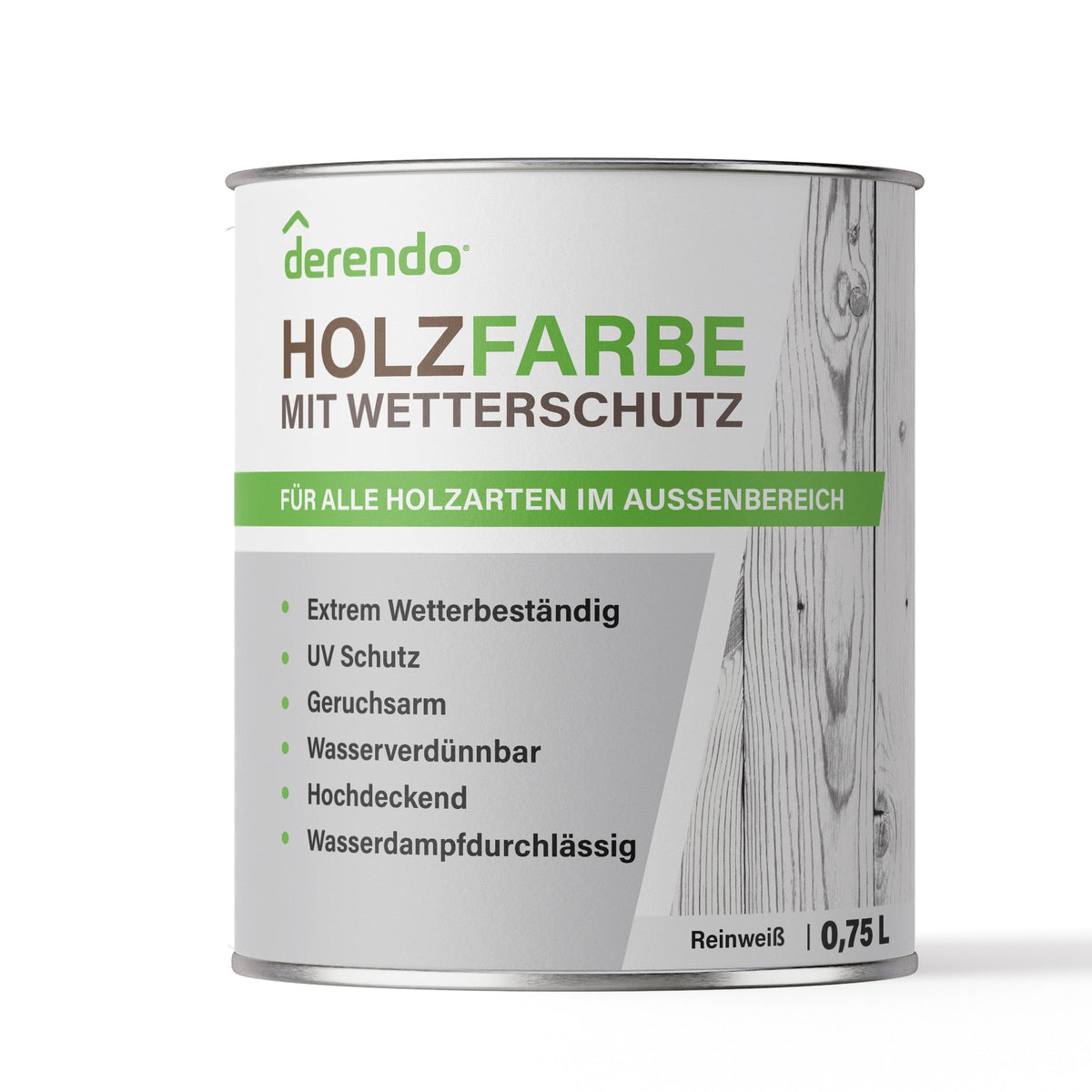 Derendo Wetterschutz Holzfarbe weiss für außen, seidenglänzend RAL 9010 in 0.75L – Produktbild von Derendo