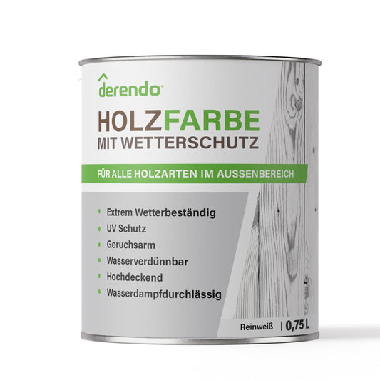 Derendo Wetterschutz Holzfarbe weiss für außen, seidenglänzend RAL 9010 in 0.75L – Produktbild von Derendo