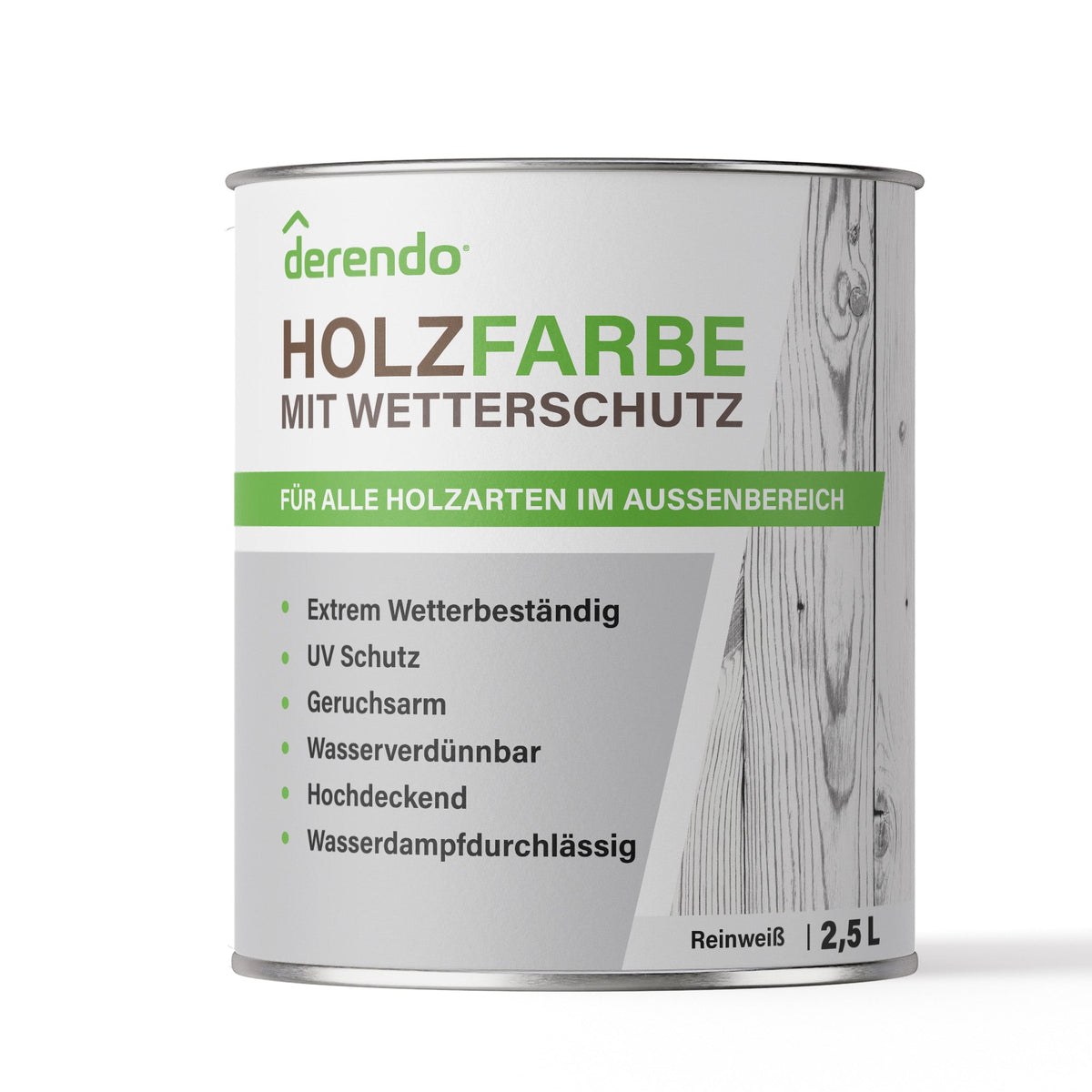 Derendo Wetterschutz Holzfarbe weiss für außen, seidenglänzend RAL 9010 in 2.5L – Produktbild von Derendo