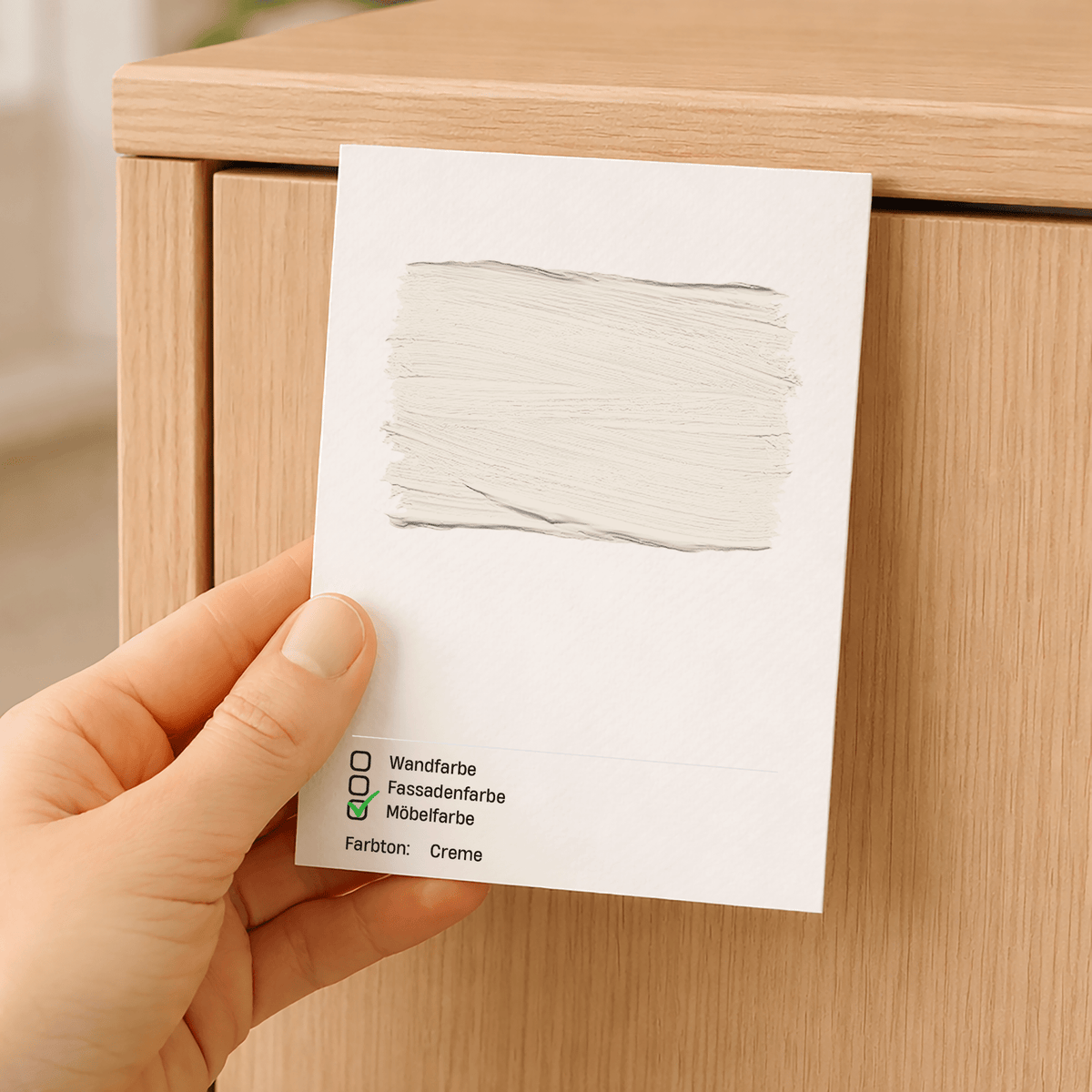 Farbmusterkarte A6 – mit echter Möbelfarbe handgestrichen auf Leinenstrukturkarton in Creme – Produktbild von Derendo