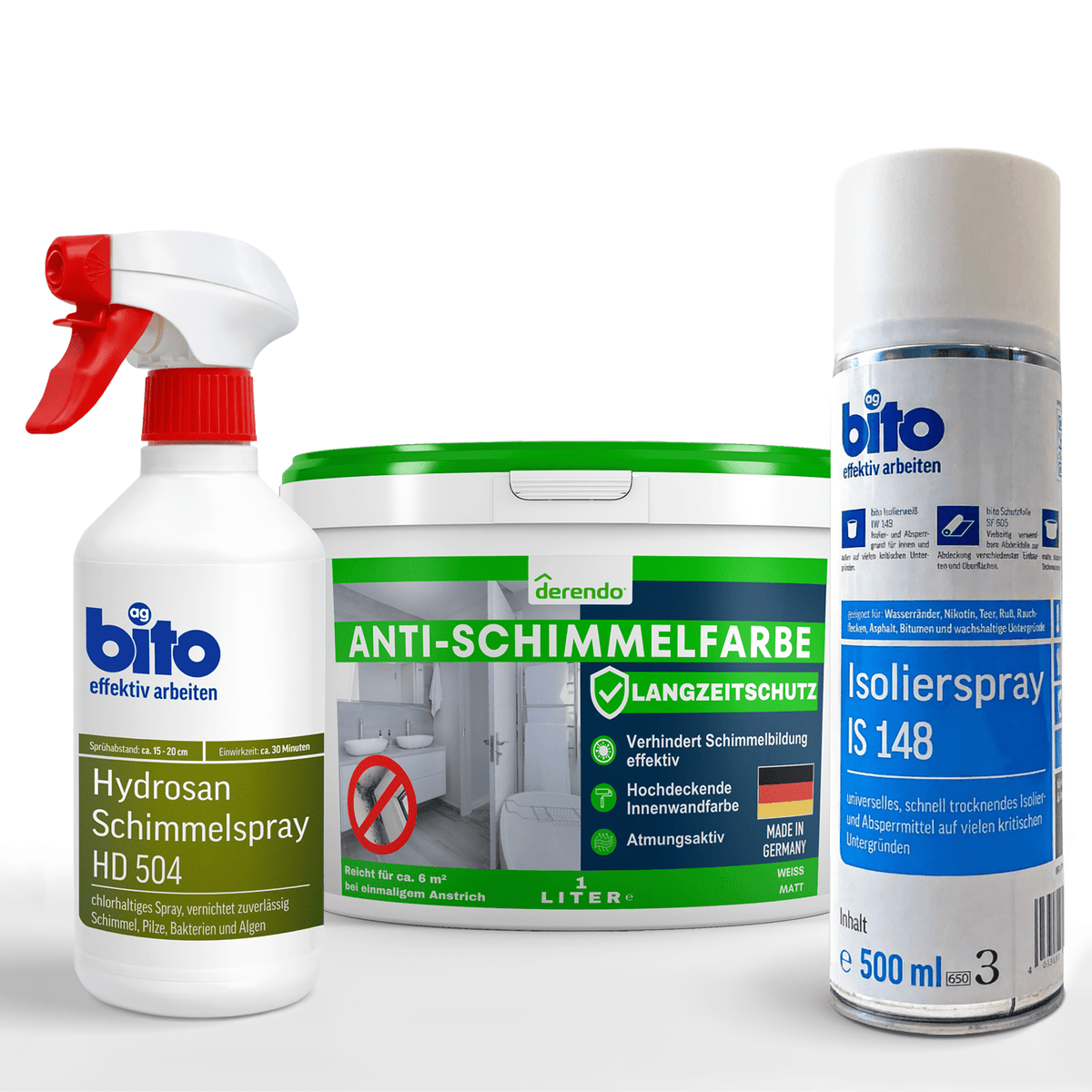 Schimmel-Set mit Anti-Schimmelfarbe, Schimmelentferner & Isolierspray in Schimmelset 1 Liter – Produktbild von Derendo