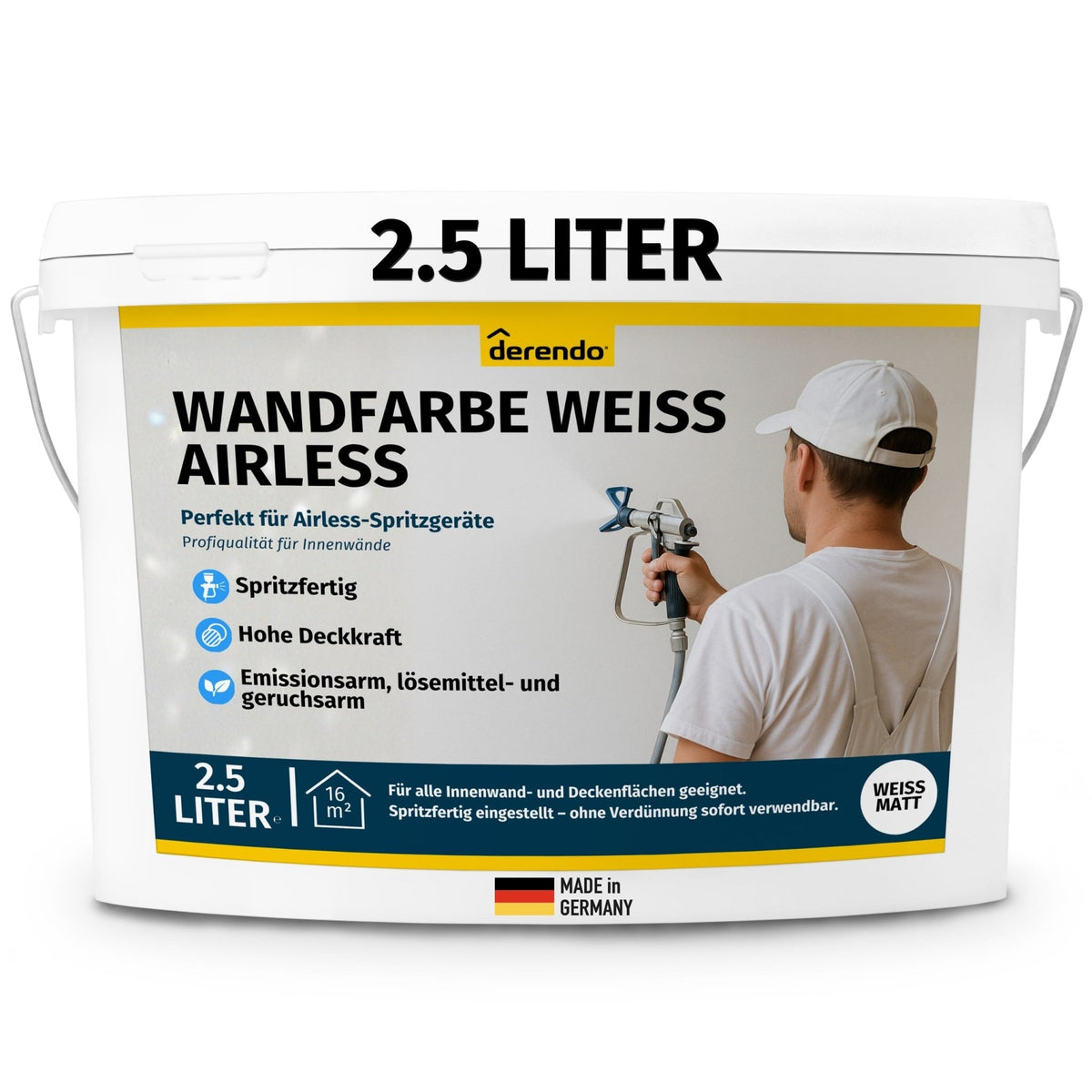 Wandfarbe Weiß für Airlessgerät – Direkt spritzfähig ohne Verdünnen in 2.5l – Produktbild von Derendo