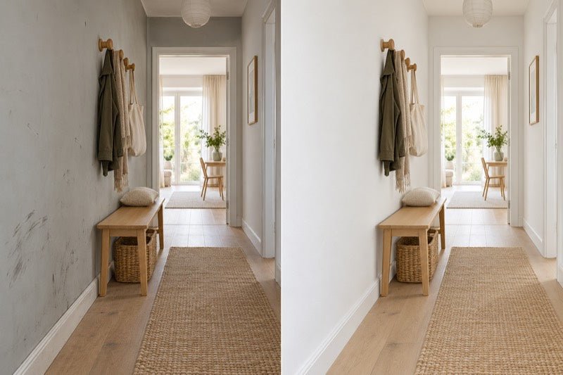 Flurwand, links vorher mit Gebrauchsspuren, rechts frisch weiß gestrichen