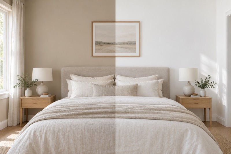 Schlafzimmerwand, links vorher dunkelbeige, rechts frisch weiß gestrichen